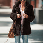 Manteau Femme Hiver à Revers Manches Longues en Fausse Fourrure Moelleuse