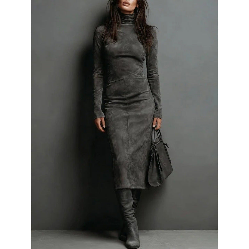 Robe longue à col roulé et manches longues, moulante, sexy, pour femme