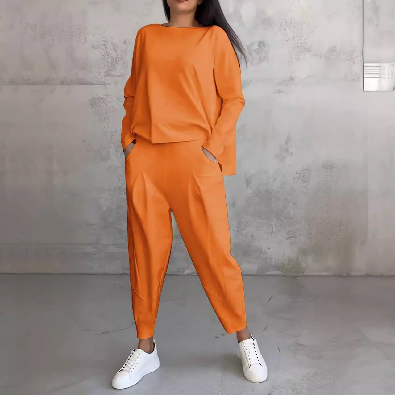 Ensemble tailleur irrégulier femme - Haut à manches longues et col rond et pantalon sarouel ample avec poches - Vêtements pour femmes style Ins