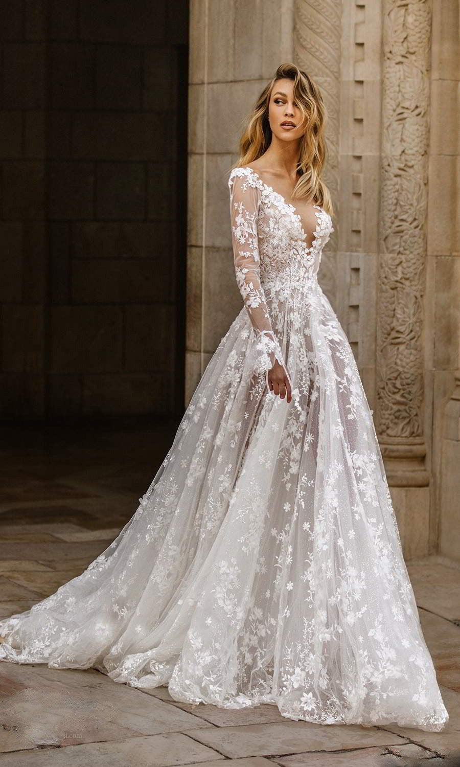 Robe de mariée sexy en dentelle à manches longues, robe de soirée