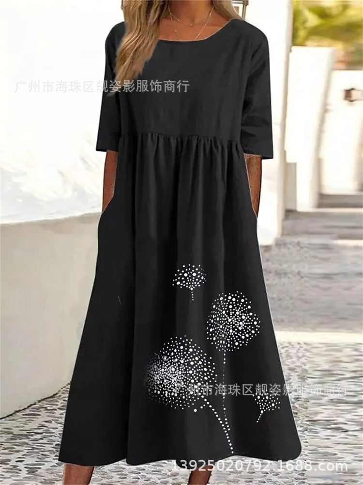Robe décontractée ample imprimée à col rond et manches courtes grande taille