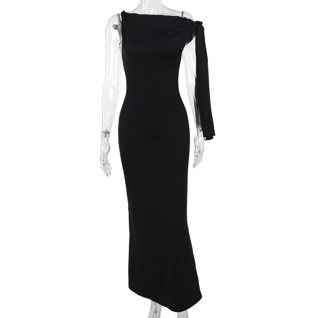 Robe longue à ruban asymétrique Ins, robe sans manches moulante pour soirée et club pour femmes