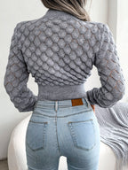 Pull court en maille diamant 3D à manches longues pour femme