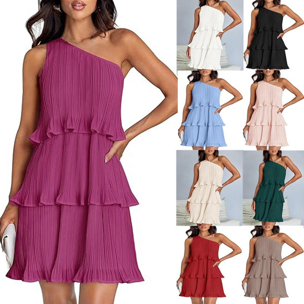 Robe décontractée pour femme, à une épaule dénudée, ourlet à volants superposés, couleur unie simple, taille haute confortable, pour l'été et la rue