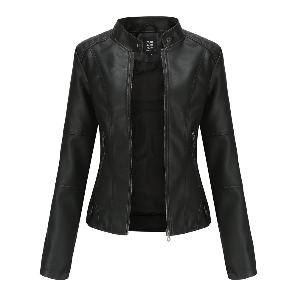 Vestes en cuir zippées pour femmes Mode couleur unie Poches Col montant Vêtements d'extérieur
