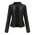Vestes en cuir zippées pour femmes Mode couleur unie Poches Col montant Vêtements d'extérieur