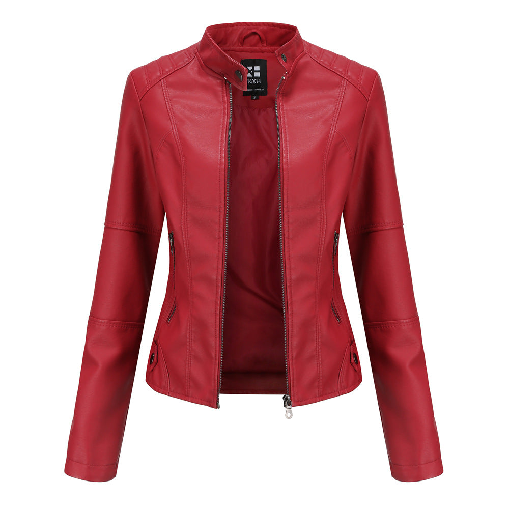 Vestes en cuir zippées pour femmes Mode couleur unie Poches Col montant Vêtements d'extérieur