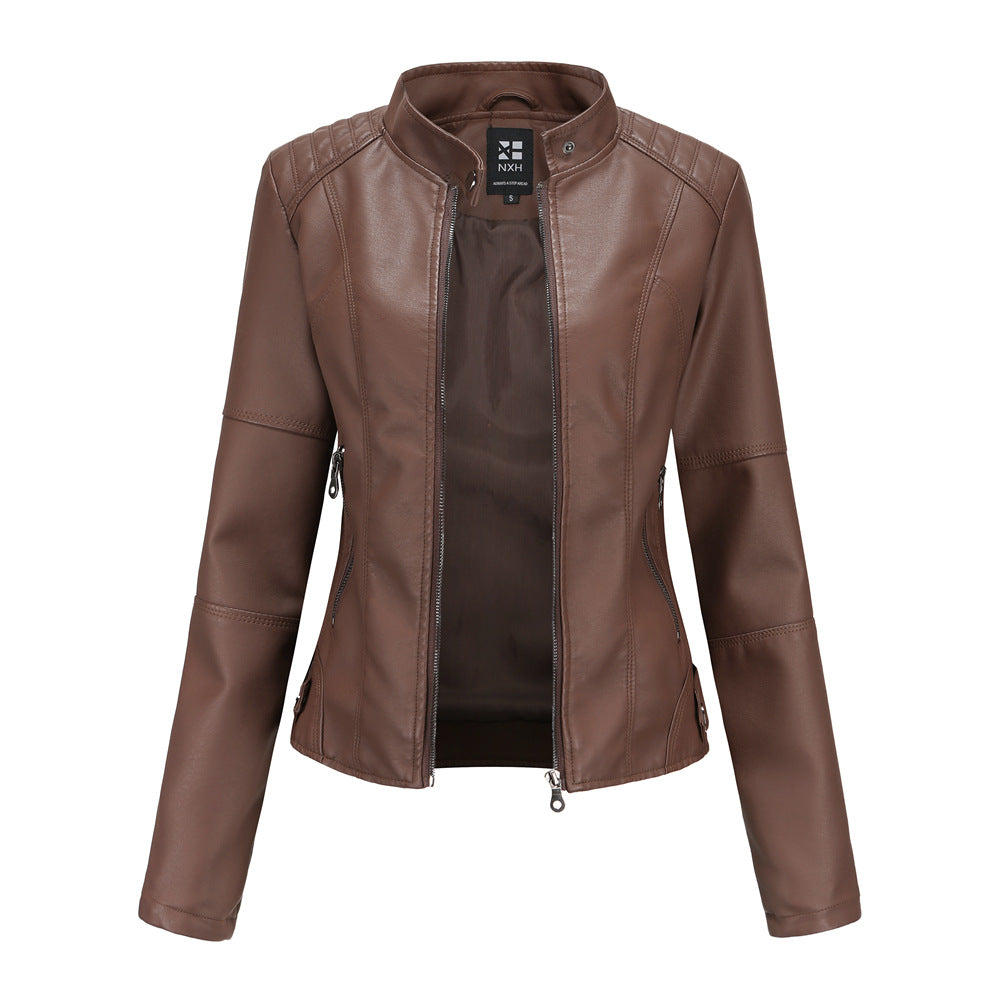 Vestes en cuir zippées pour femmes Mode couleur unie Poches Col montant Vêtements d'extérieur