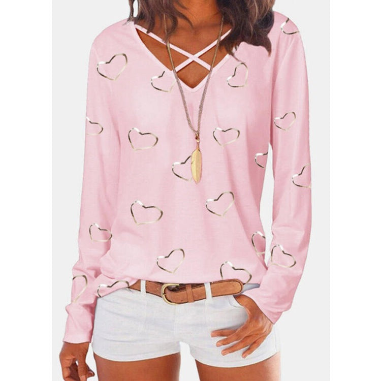 T-shirt à col en V imprimé à manches longues pour femmes