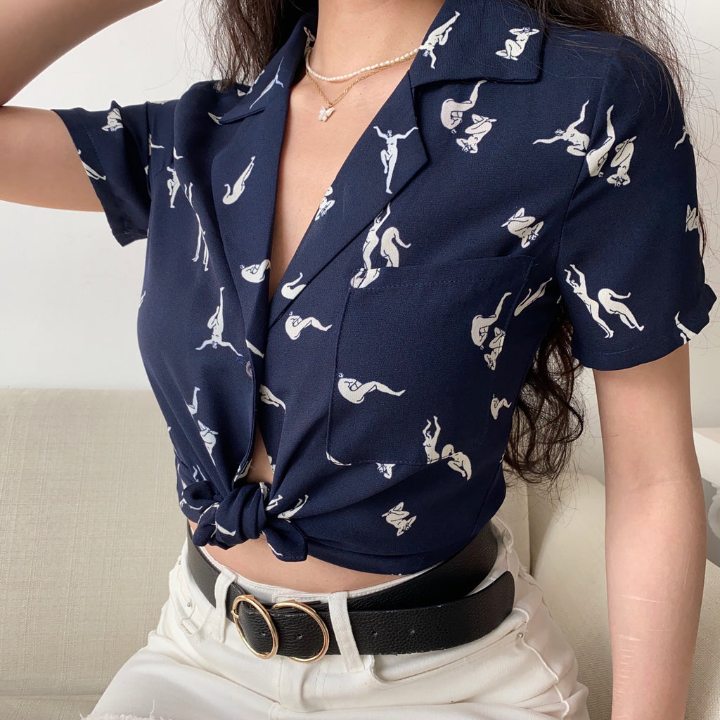 Chemise imprimée à revers et manches courtes pour femme, coupe ample