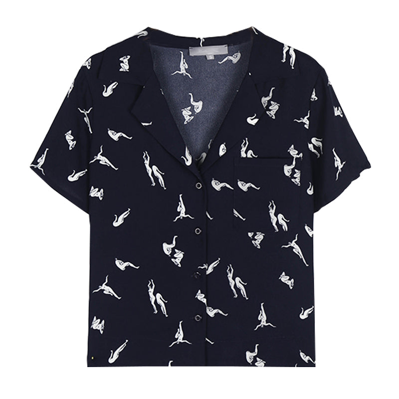 Chemise imprimée à revers et manches courtes pour femme, coupe ample