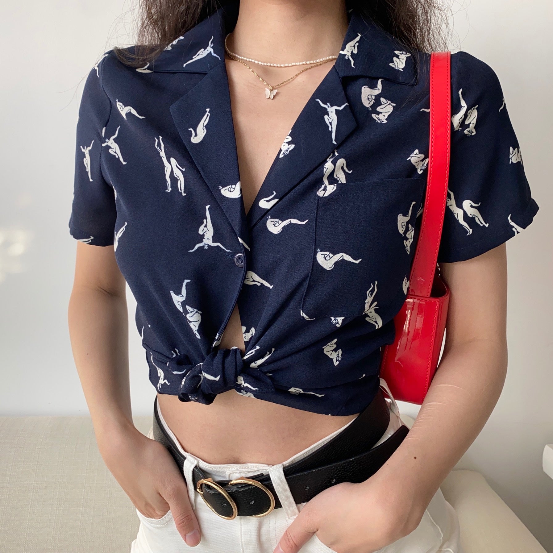 Chemise imprimée à revers et manches courtes pour femme, coupe ample