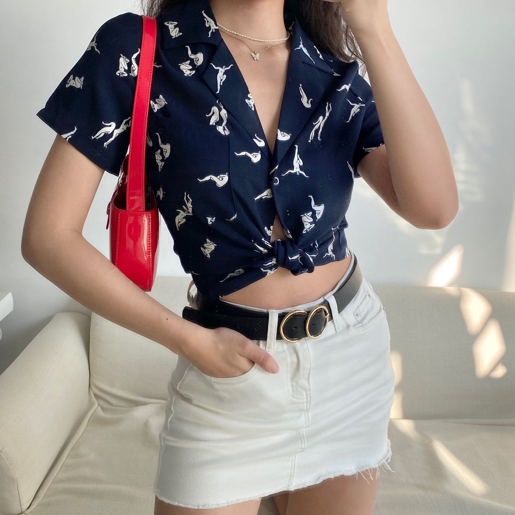 Chemise imprimée à revers et manches courtes pour femme, coupe ample