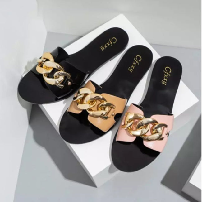 Sandales plates pour femmes avec chaîne en métal, style européen et américain Main Image