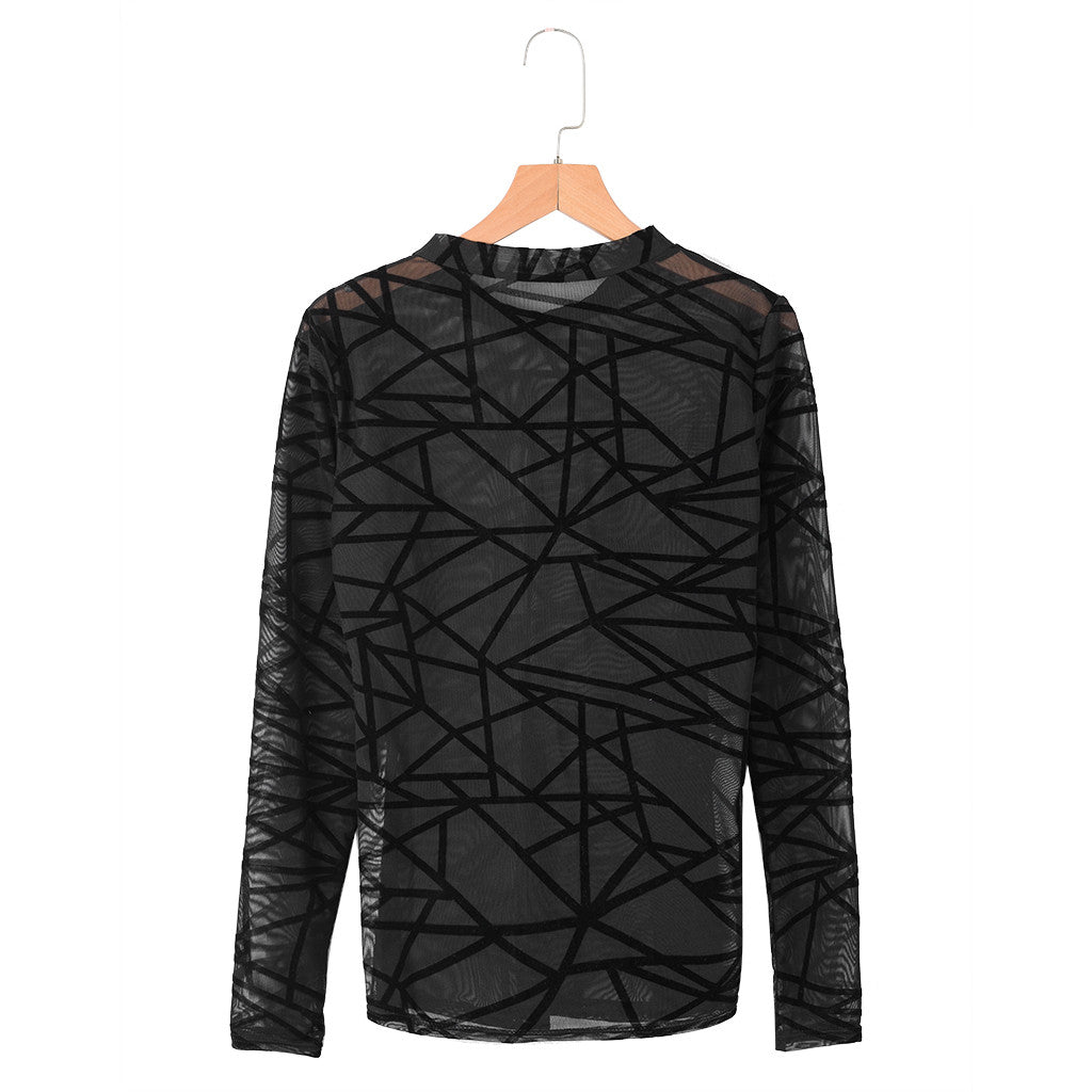 Chemisier Femme Sexy Transparent Maille Manches Longues Hauts T-Shirt