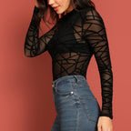 Chemisier Femme Sexy Transparent Maille Manches Longues Hauts T-Shirt