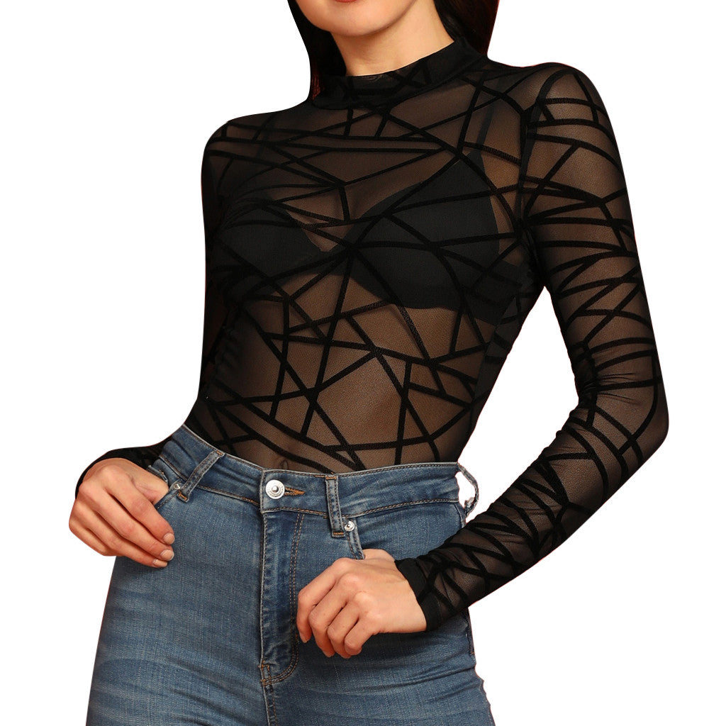 Chemisier Femme Sexy Transparent Maille Manches Longues Hauts T-Shirt