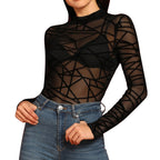 Chemisier Femme Sexy Transparent Maille Manches Longues Hauts T-Shirt