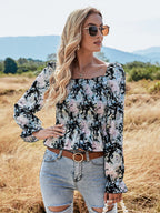 Chiffon Digital Printed Elastic Waist Floral Tight-Fitting Slimming Blouse Women