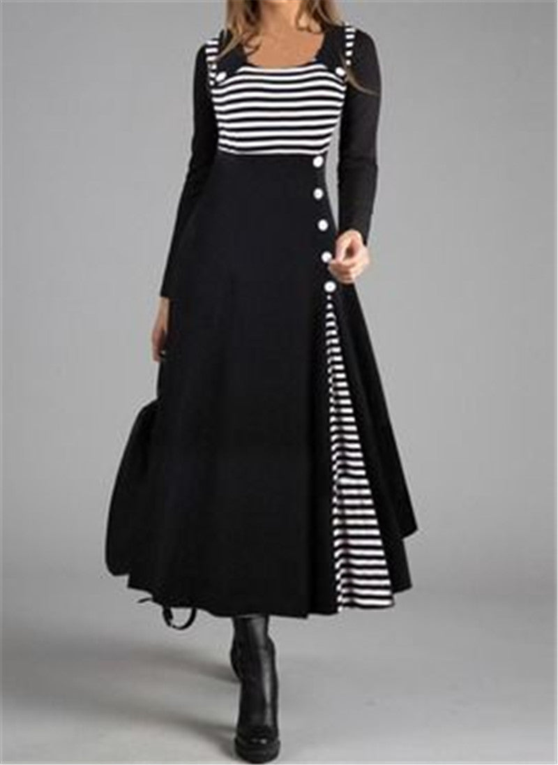 Robe à manches longues, col claudine et grand ourlet avec surpiqûres rayées