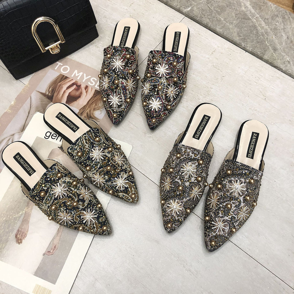 Baotou Demi-Chaussons Femme Plats Pointus Sandales et Chaussons Paresseux