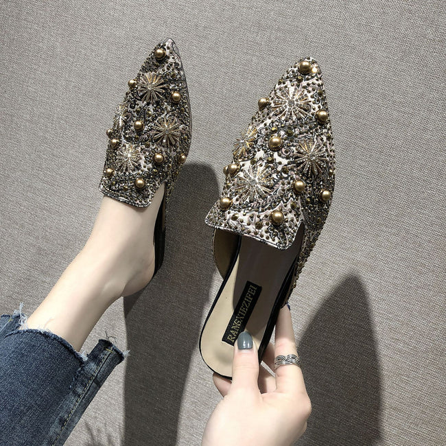 Baotou Demi-Chaussons Femme Plats Pointus Sandales et Chaussons Paresseux Main Image