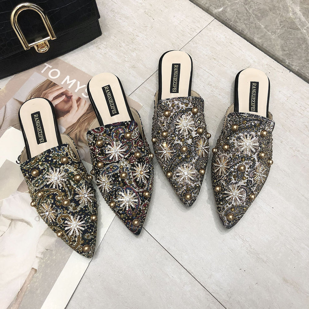 Baotou Demi-Chaussons Femme Plats Pointus Sandales et Chaussons Paresseux