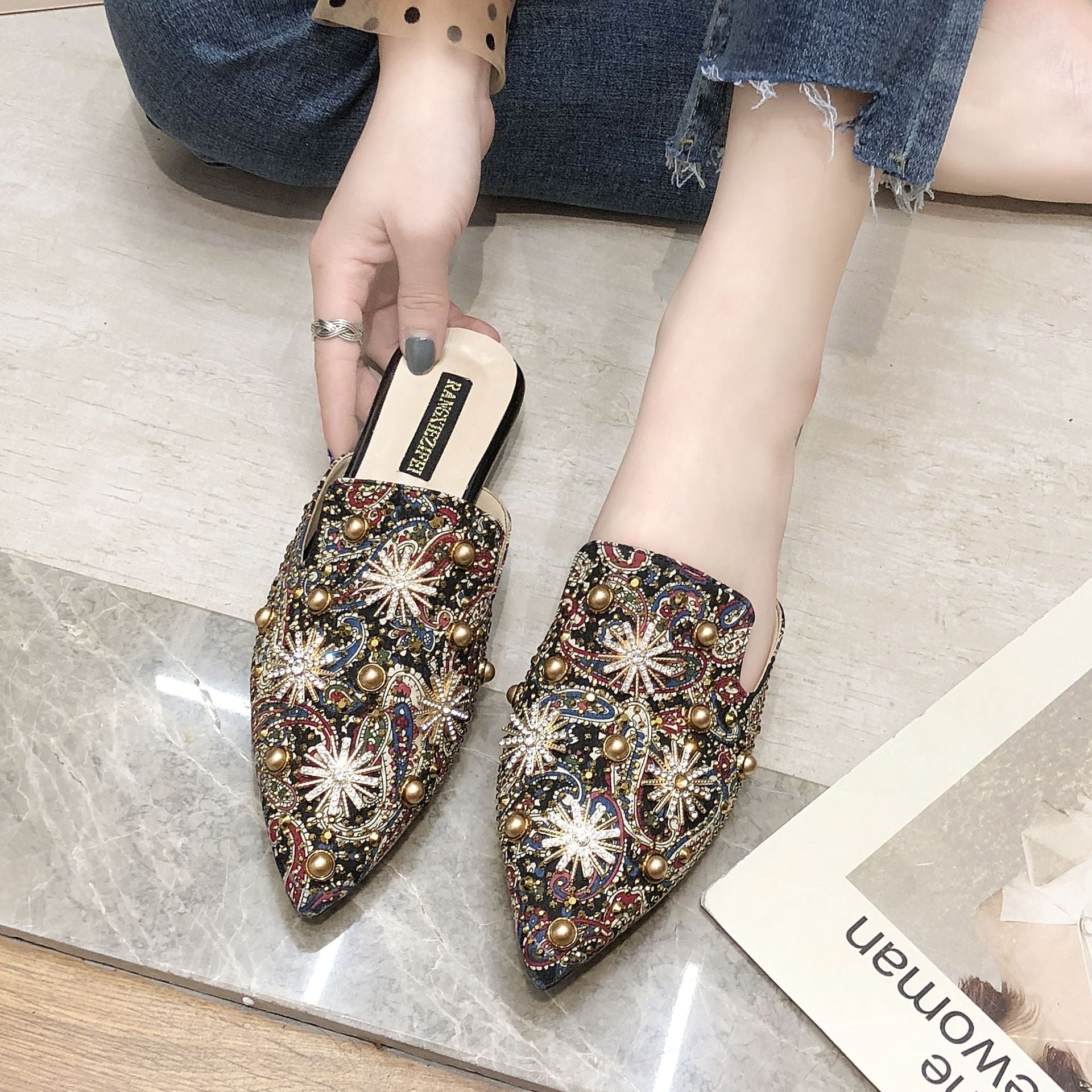 Baotou Demi-Chaussons Femme Plats Pointus Sandales et Chaussons Paresseux