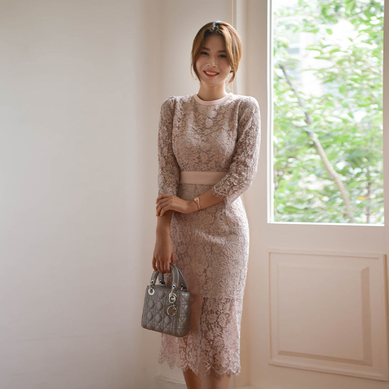 Round Neck Lace Up Waist Hip Dress