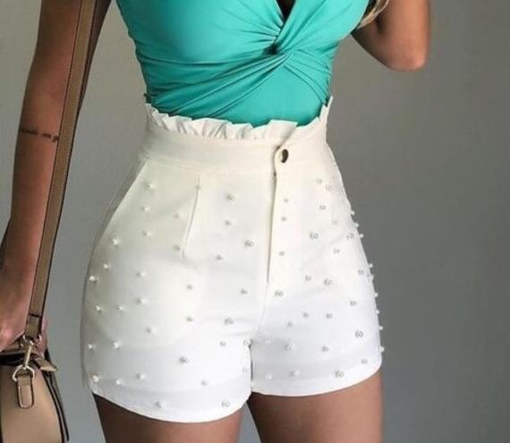 Shorts Femme Perles Canon Couleur Unie Sexy Shorts Femme