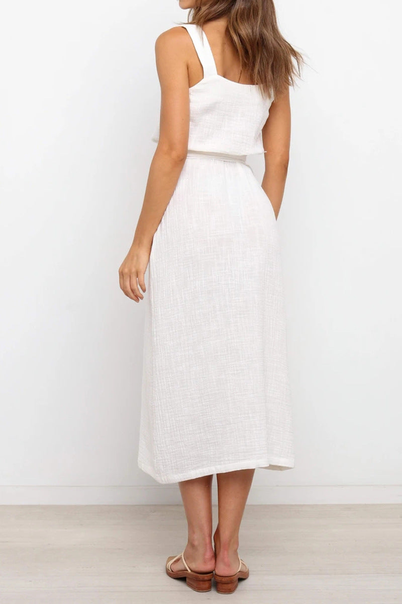 Robe décontractée ample unie à boutons et ceinture pour femme