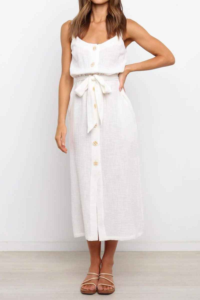 Robe décontractée ample unie à boutons et ceinture pour femme