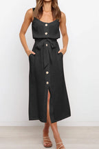 Robe décontractée ample unie à boutons et ceinture pour femme