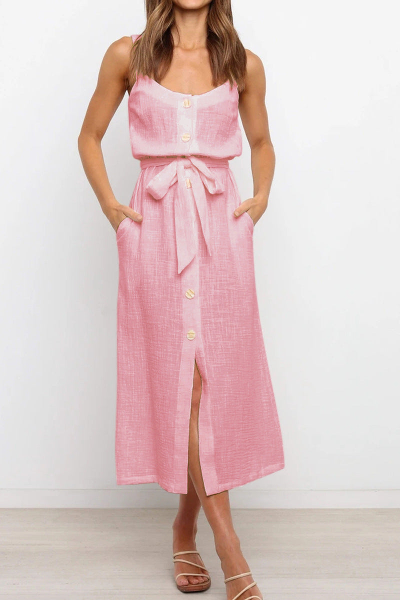 Robe décontractée ample unie à boutons et ceinture pour femme