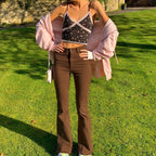 Pantalon décontracté femme évasé taille haute extensible marron