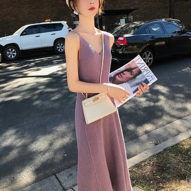 Robe Bretelles Tricotée Femme Nouvelle Jupe Mi-Longue Taille Haute Slim Style Rétro Multicolore