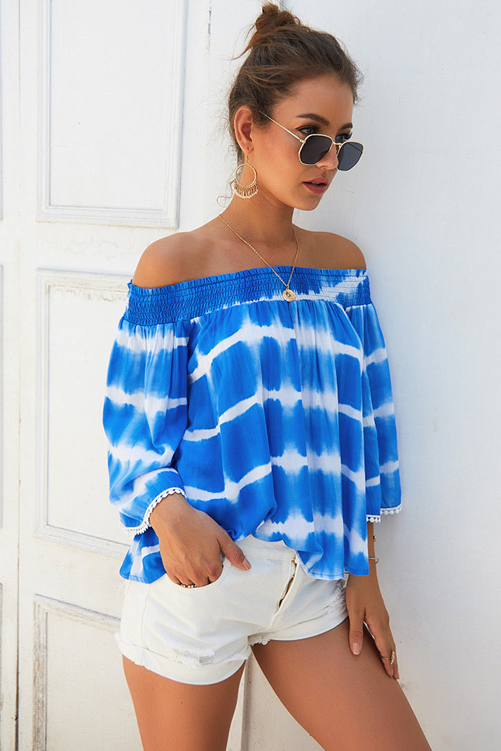 T-shirt femme tie-dye imprimé rayé à encolure Bardot