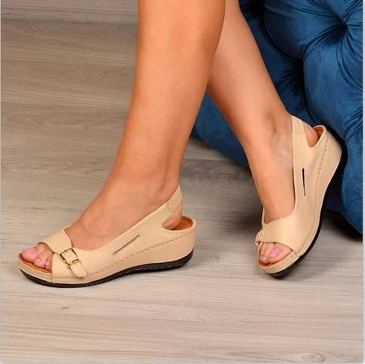 Sandales d'été pour femmes, mode romaine, chaussures pour femmes, commerce extérieur, chaussures pour femmes, bouche de poisson à boucle, sandales de plage à talons compensés pour femmes