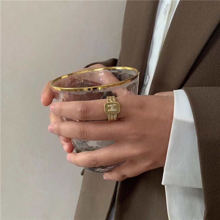 Bague chaîne maillons de bracelet de montre carrés épais en strass lettre initiale A-Z brillantes pour femme Bijoux de boutique