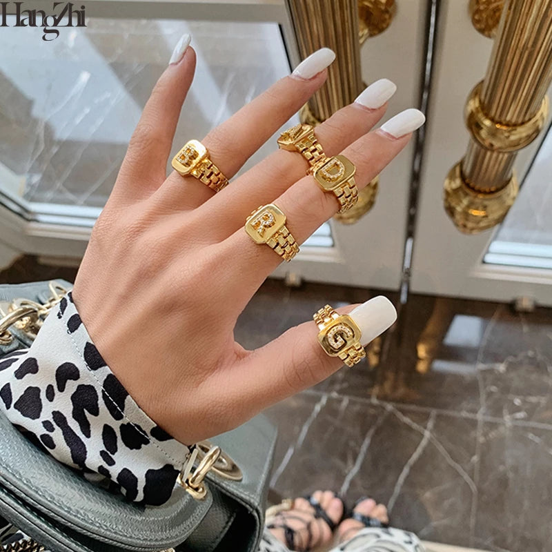 Bague chaîne maillons de bracelet de montre carrés épais en strass lettre initiale A-Z brillantes pour femme Bijoux de boutique