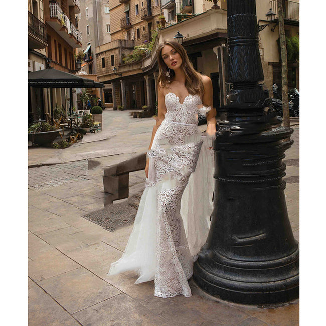 Robe de mariée ange reine sexy dentelle de mariage voyage lieu de tournage vue sur la mer sirène robe de mariée légère en gros W920 Main Image