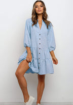 Robe à carreaux imprimée à volants, col en V, boutonnée, manches trois-quarts pour femme