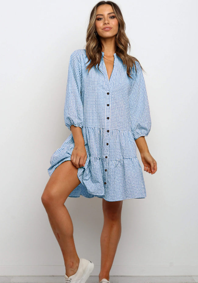Robe à carreaux imprimée à volants, col en V, boutonnée, manches trois-quarts pour femme Main Image