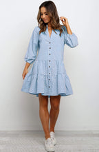 Robe à carreaux imprimée à volants, col en V, boutonnée, manches trois-quarts pour femme