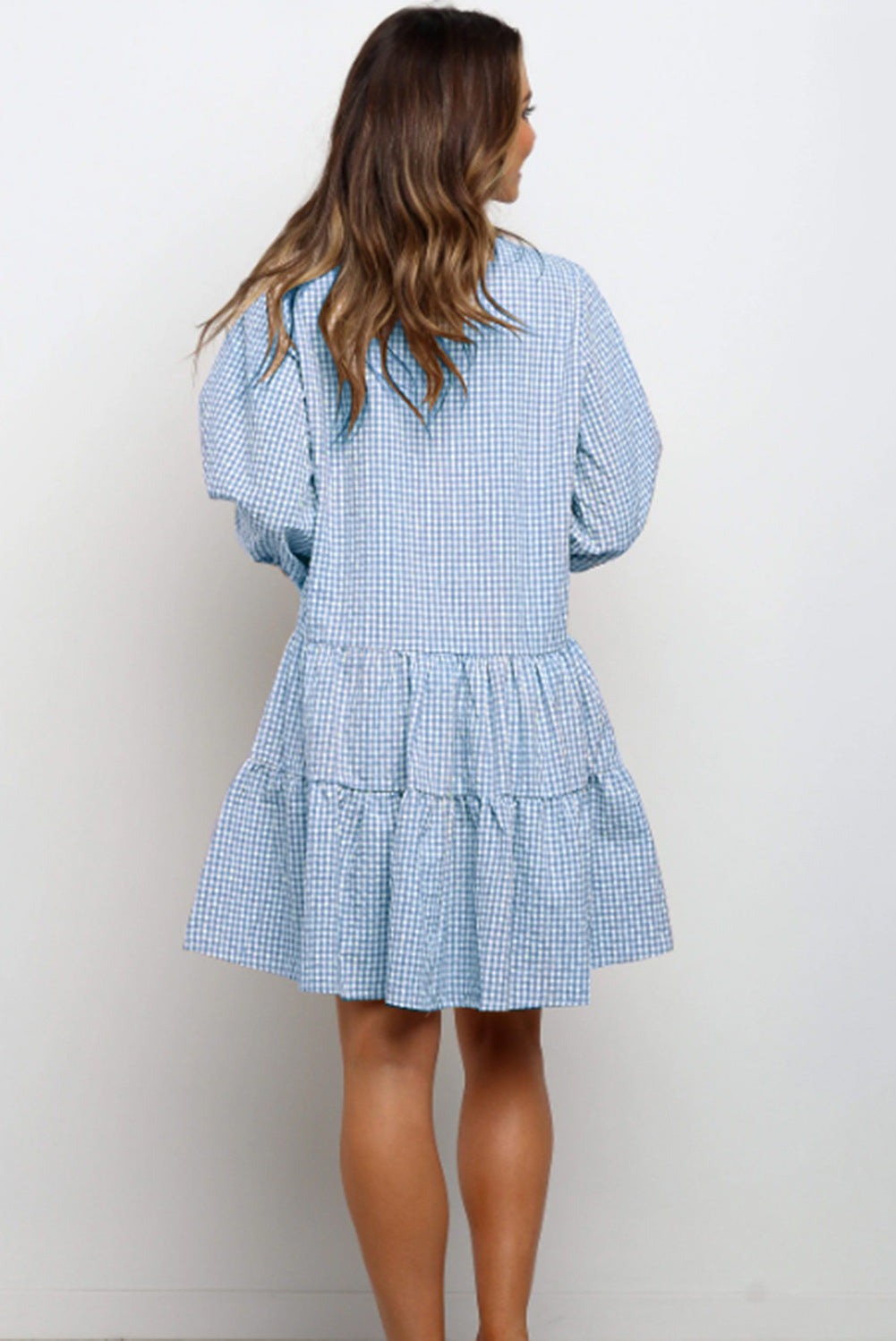 Robe à carreaux imprimée à volants, col en V, boutonnée, manches trois-quarts pour femme
