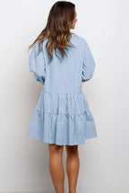 Robe à carreaux imprimée à volants, col en V, boutonnée, manches trois-quarts pour femme