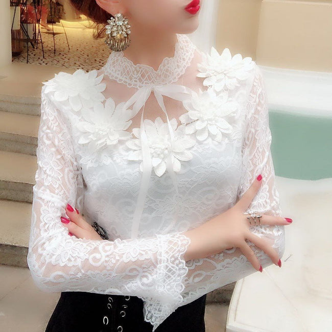 Chemisier Femme Manches Longues Dentelle Nœud Doux Floral Creux Chemisiers Dentelle T-shirt Maille Blusas Printemps Hauts Femmes X01F Main Image