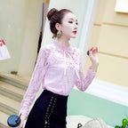 Chemisier Femme Manches Longues Dentelle Nœud Doux Floral Creux Chemisiers Dentelle T-shirt Maille Blusas Printemps Hauts Femmes X01F