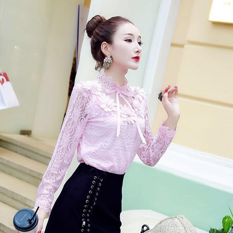 Chemisier Femme Manches Longues Dentelle Nœud Doux Floral Creux Chemisiers Dentelle T-shirt Maille Blusas Printemps Hauts Femmes X01F