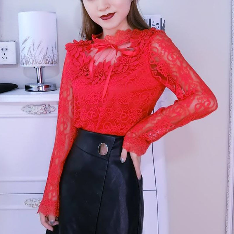 Chemisier Femme Manches Longues Dentelle Nœud Doux Floral Creux Chemisiers Dentelle T-shirt Maille Blusas Printemps Hauts Femmes X01F
